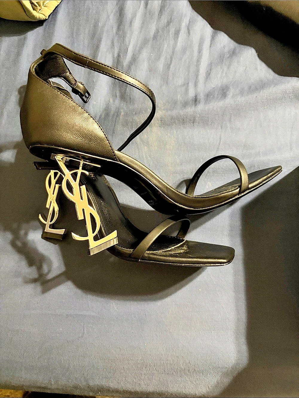Saint Laurent Opyum Ankle Strap Sandal in Smooth Leather with Monogram Heel